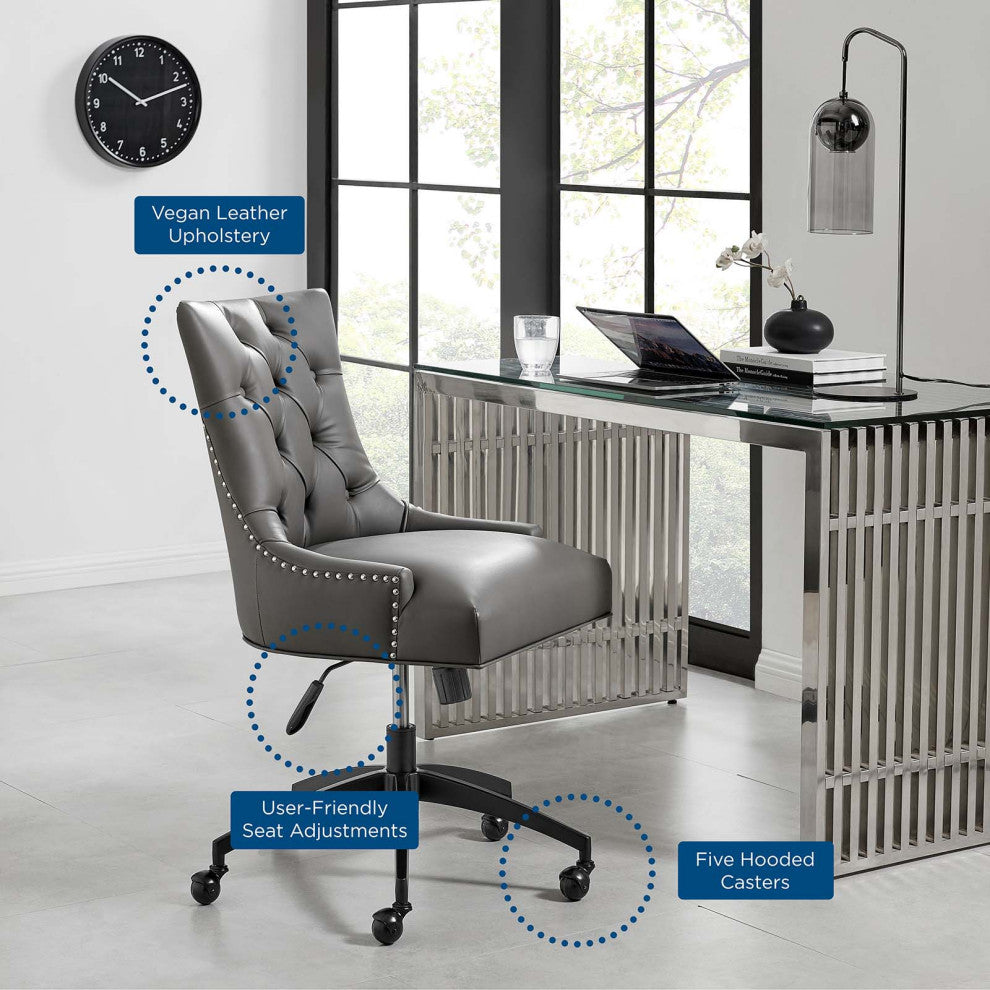 Computer Work Desk Tufted Chair, Faux Vegan Leather, Black Gray, Home Office