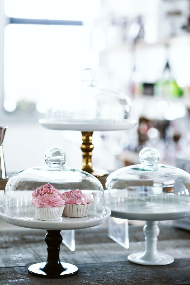 White Cake Plate, Gold Footed Cake Stand,Clear Dome, 9.8"