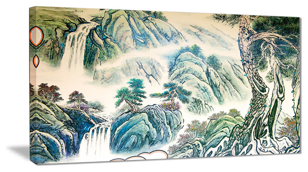 "Blue Chinese Landscape Painting" Canvas Print, 40"x20"
