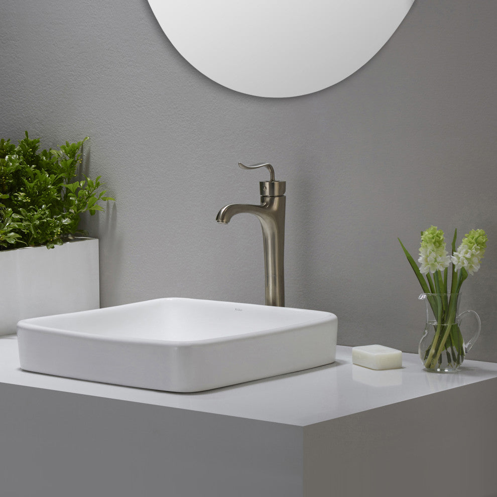 Elavo Ceramic Square Semi-Recessed White Sink, PU Drain Chrome