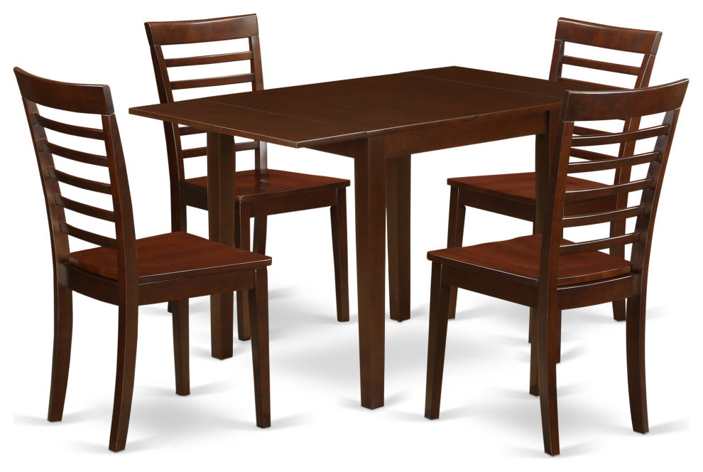 5Pc Wood Dining Set, Rectangular Table, 4 Chairs, Rubberwood Seat, Mahogany