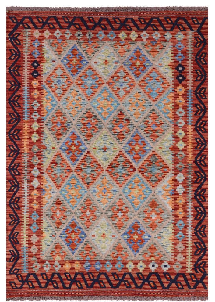 4' 3" X 6' 1" Reversible Flat Weave Kilim Wool On Wool Rug Q9486