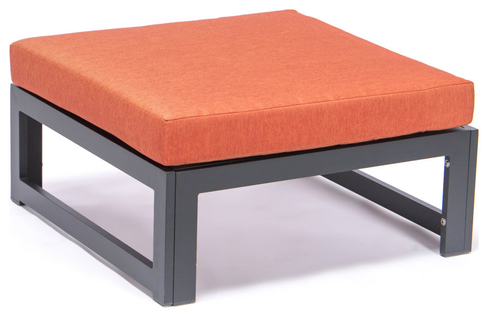 LeisureMod Chelsea Outdoor Black Ottomans With Cushions Set Of 2, Orange