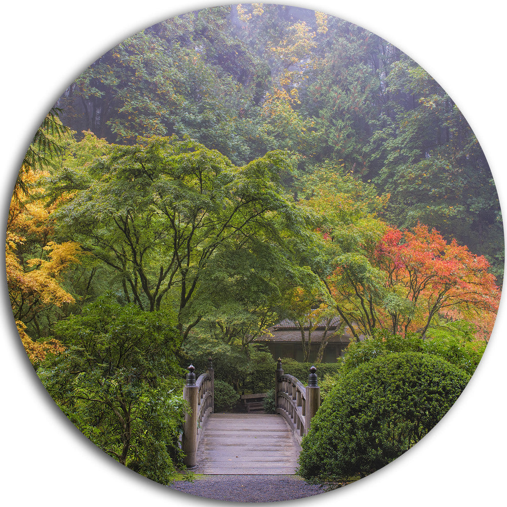 Foggy Dawn In Japanese Garden, Landscape Photo Disc Metal Wall Art, 23"