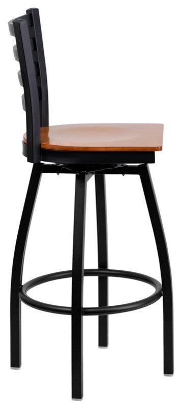 HERCULES Series Black Ladder Back Swivel Metal Barstool, Cherry Wood Seat