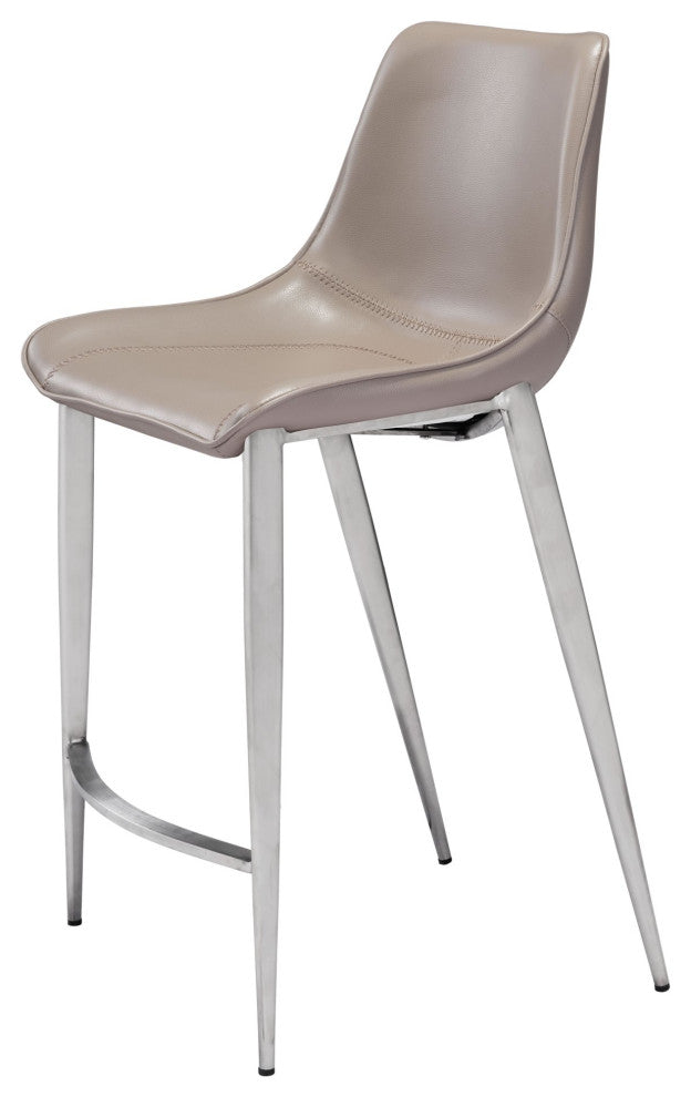 Counter Stool Chair, Set of 2, Faux Vinyl Leather, Steel, Gray, Silver