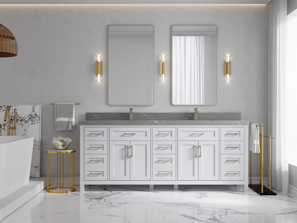 Cambridge 84 Double Sink Bath Vanity in White 2" Piatra Gray