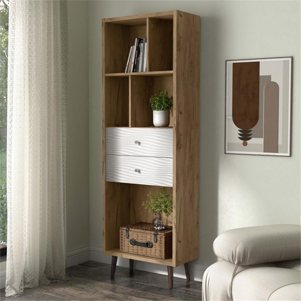 Furniture of America Finn Mid-Century Modern Wood 2-Drawer Bookcase in Light Oak