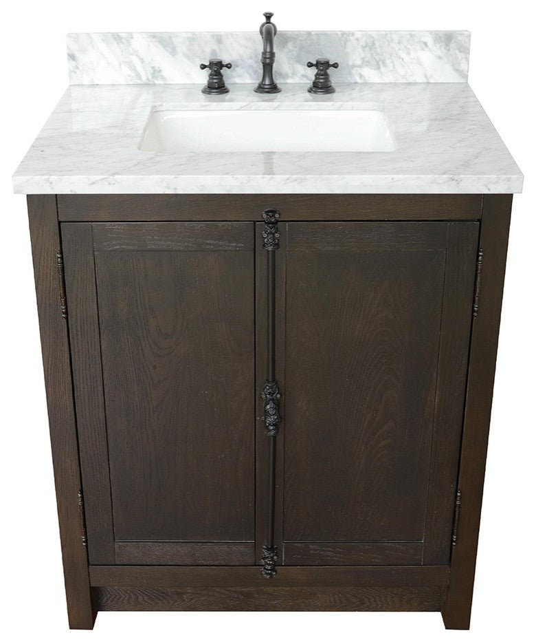 30" Single Vanity, Brown Ash, White Carrara Top, Rectangle Sink