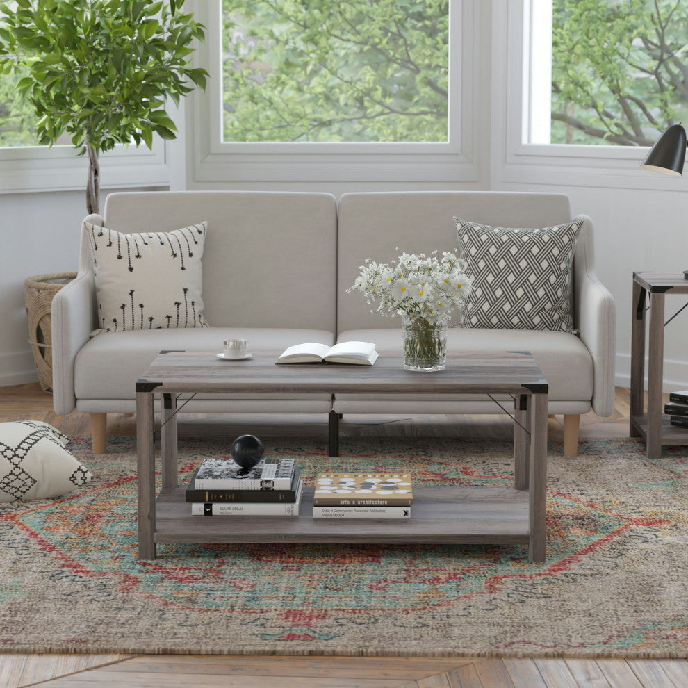 Wyatt Modern Farmhouse Wooden 2 Tier Coffee Table, Gray Wash