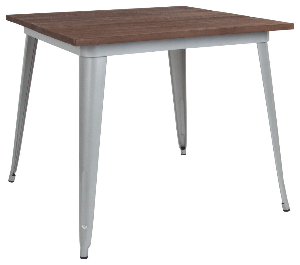 36" Square Silver Metal Indoor Table with Walnut Rustic Wood Top