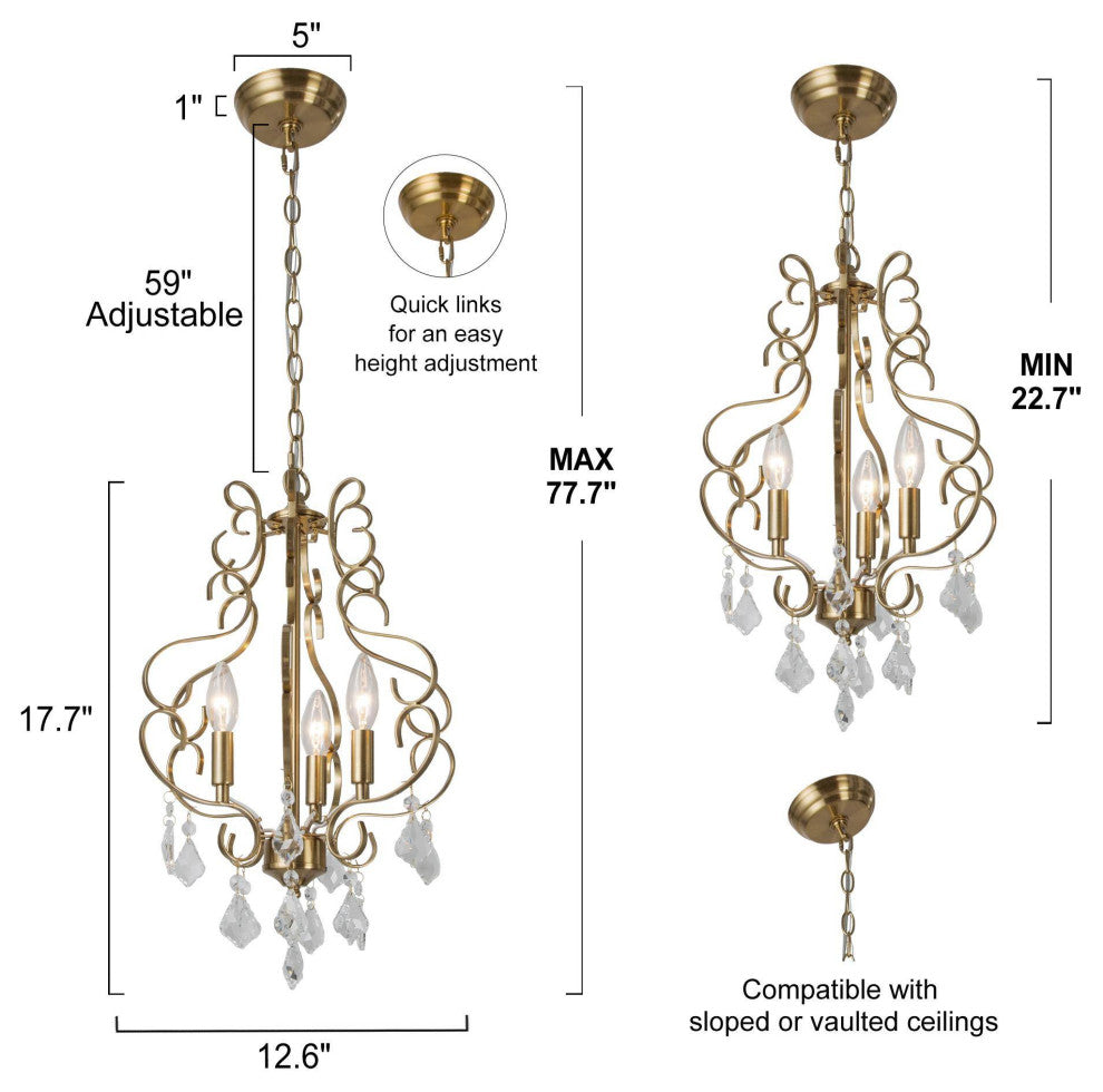 LNC Modern 3-Light Gold Chandelier With Crystal, Lantern Shape