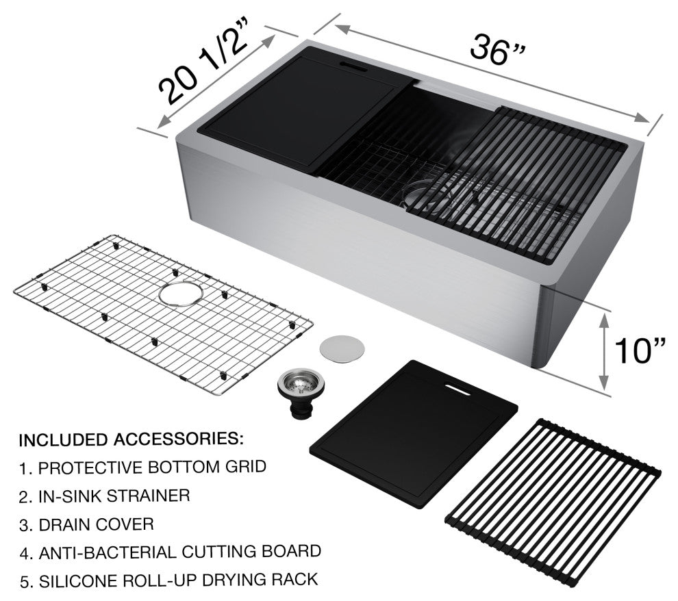 Oxford 36"L x 21"W Farmhouse Kitchen Sink and Greenwich 18"H in Black Faucet Set