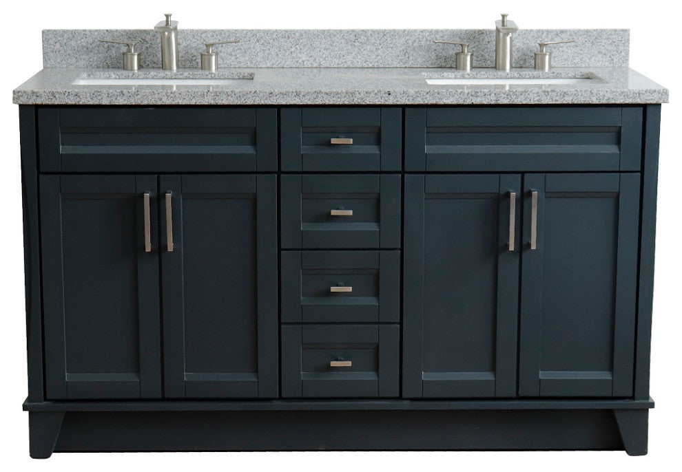 61" Double Sink Vanity, Dark Gray Finish And Gray Granite And Rectangle Sink