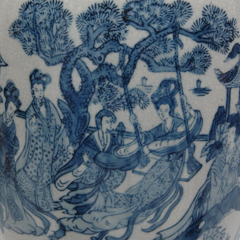 11" Ladies Blue and White Porcelain Vase Jar