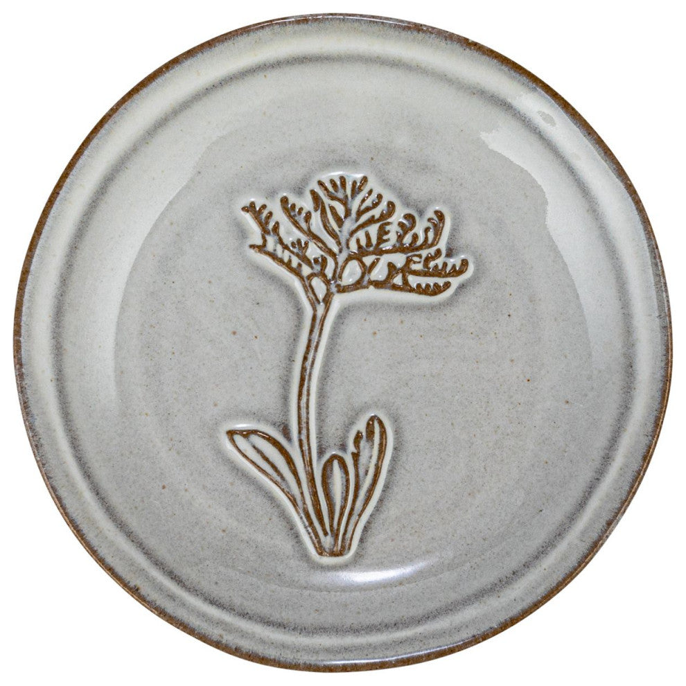 5" Round Dish, Reactive Glaze, 4 Flower Design Styles, Cream, Brown, Set of 12
