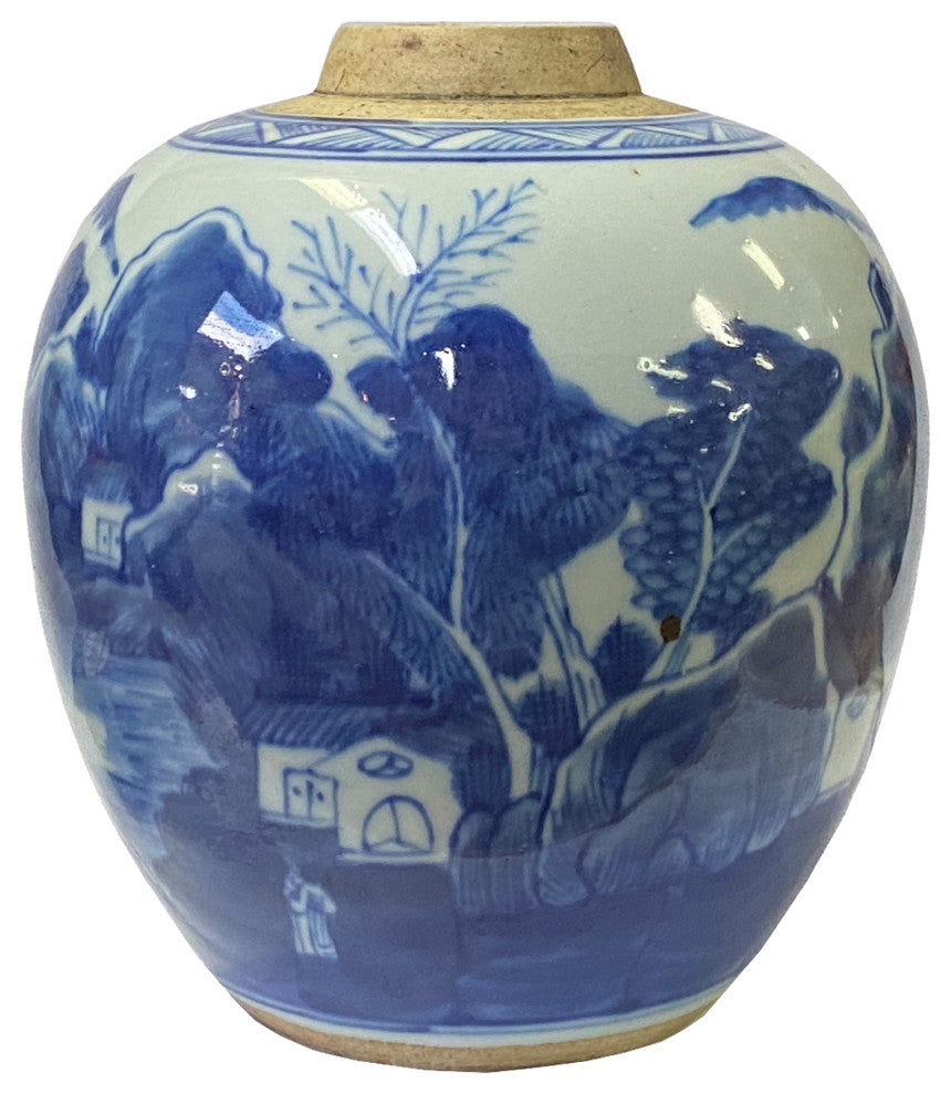 Oriental Handpainted House Tree Small Blue White Porcelain Ginger Jar Hws2315