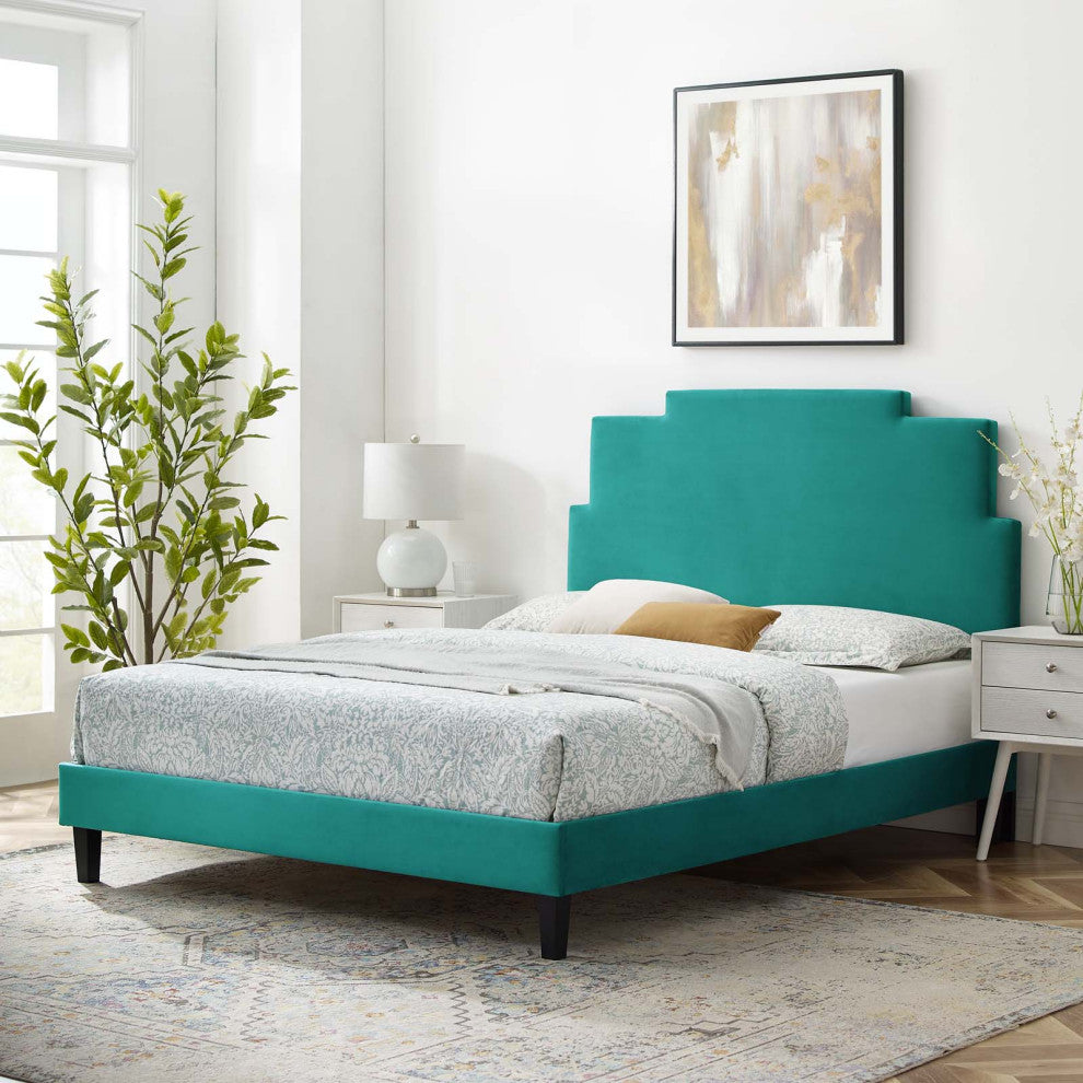 Platform Bed Frame, King Size, Velvet, Teal Blue, Modern Contemporary, Bedroom