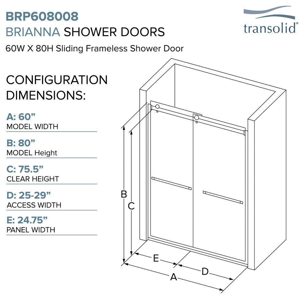 Transolid Brianna 60" W x 80" H Frameless Sliding Shower Door, Brushed Stainless