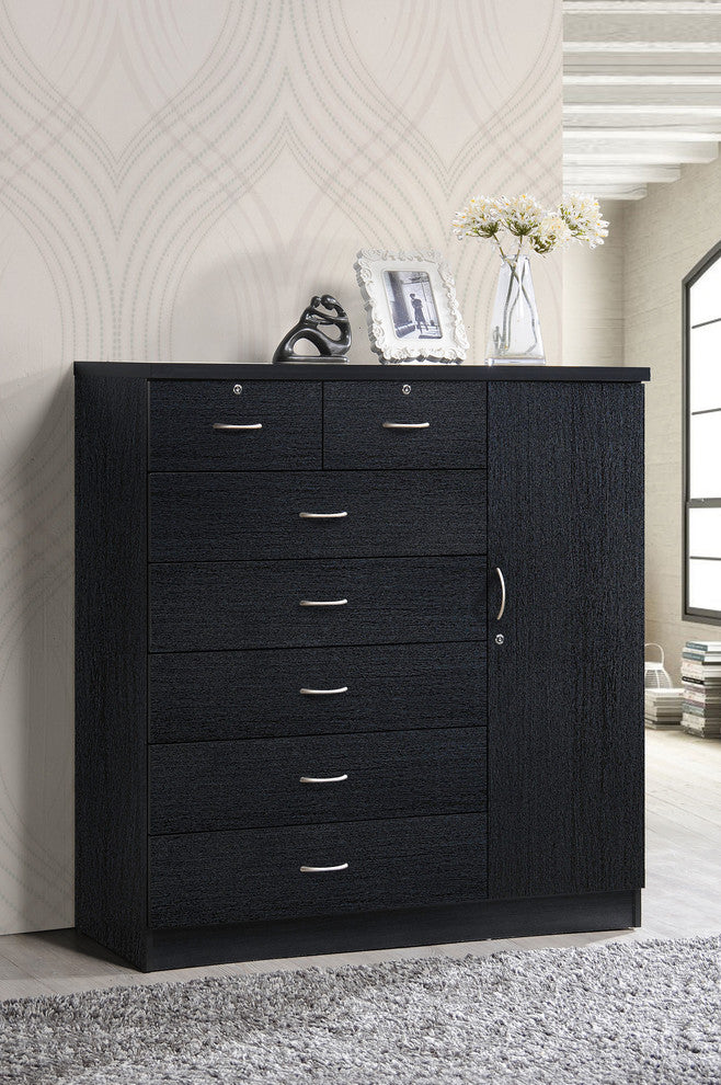 Hodedah 7 Drawer Chest with Locks on 2 Drawers and 1 Door in Black Wood