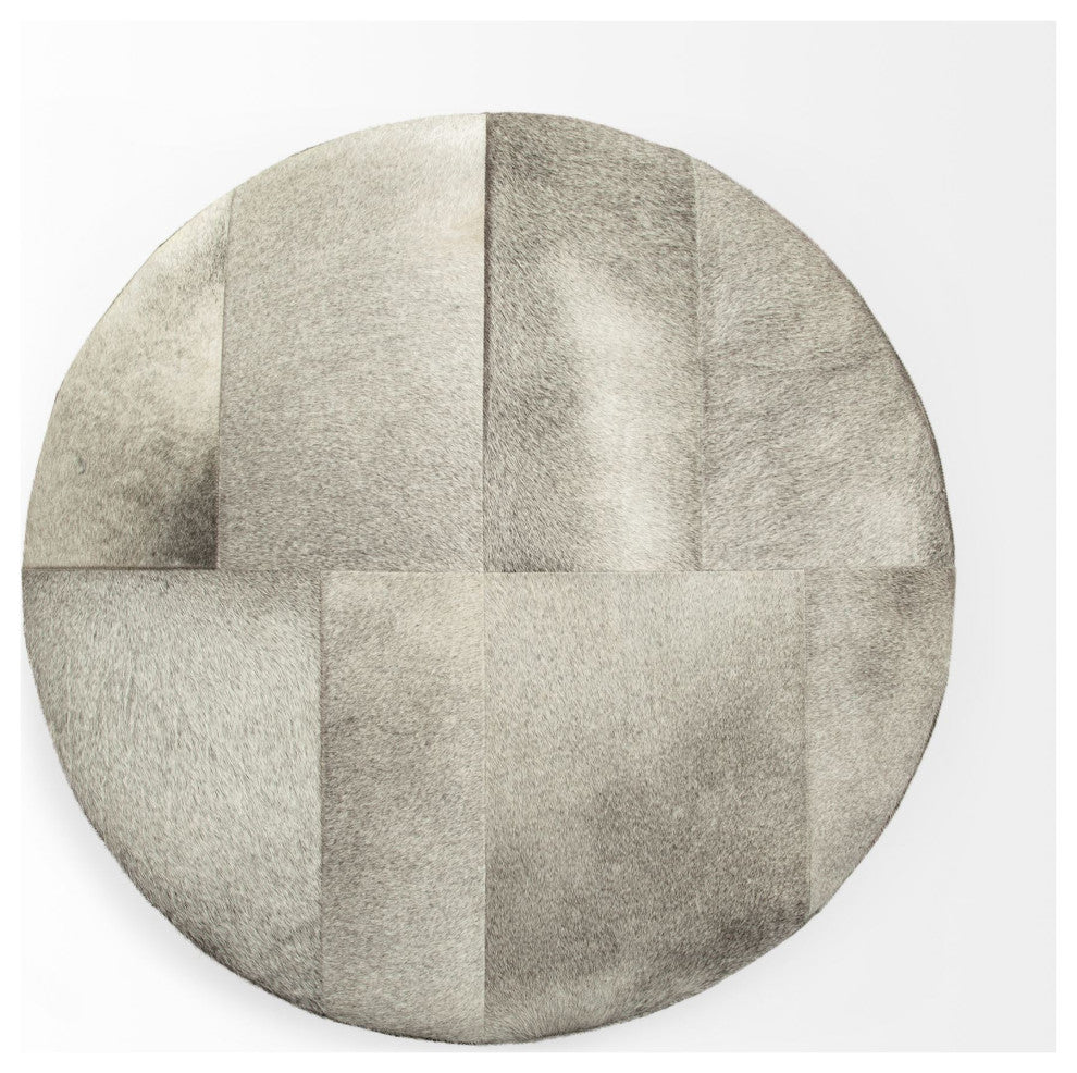 Gray Cowhide Round Ottoman With Metal Base