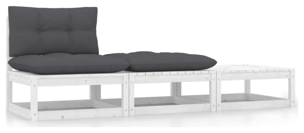 vidaXL 3 Piece Patio Lounge Set With Cushions White Solid Pinewood