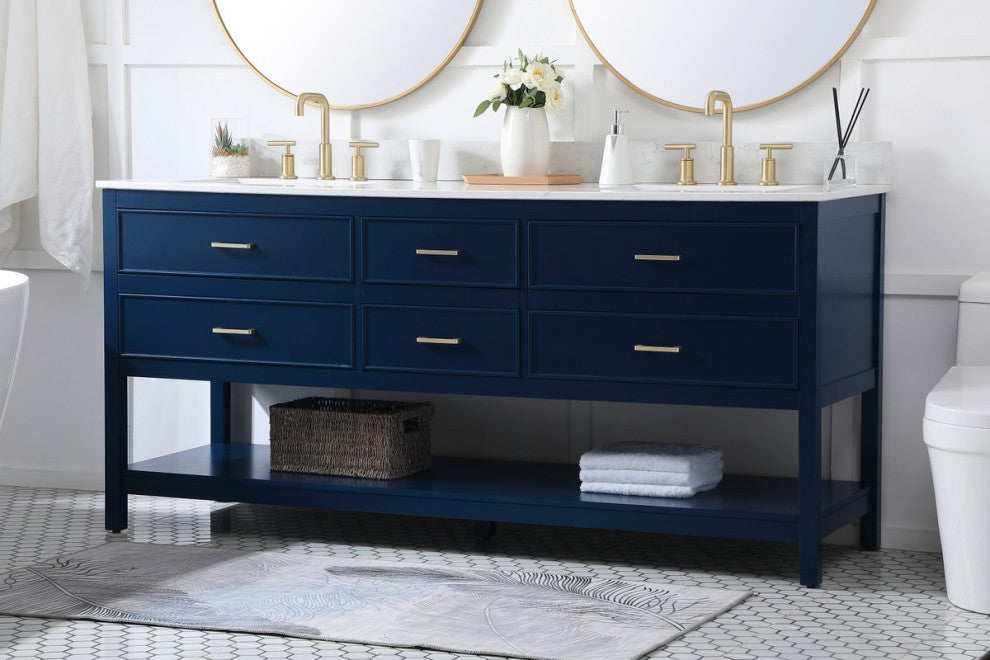 Elegant VF19072DBL-BS 72"Double Bathroom Vanity, Blue With Backsplash