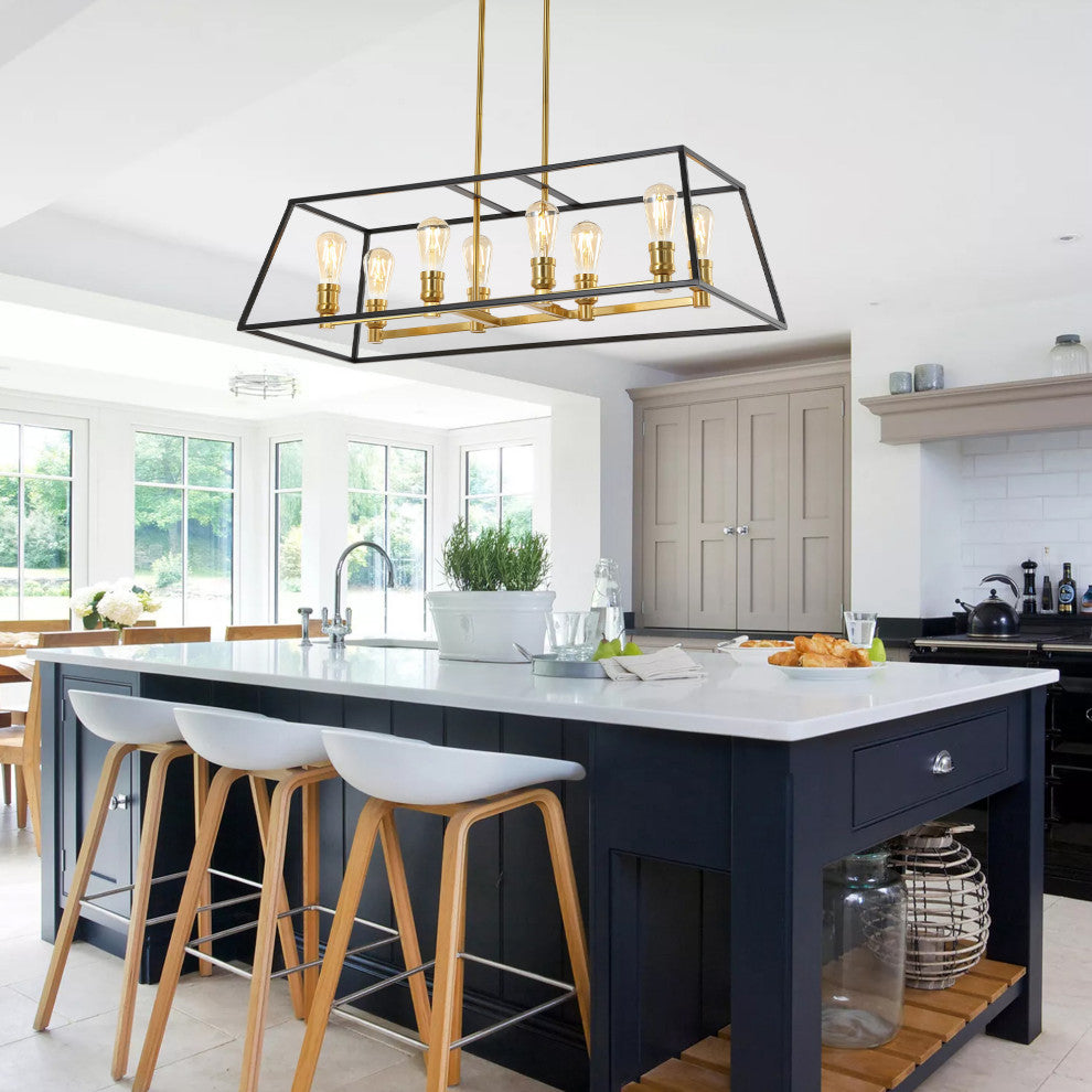 Lloyd 4-Light Industrial Iron LED Pendant, Black/Brass Gold, Width: 35"