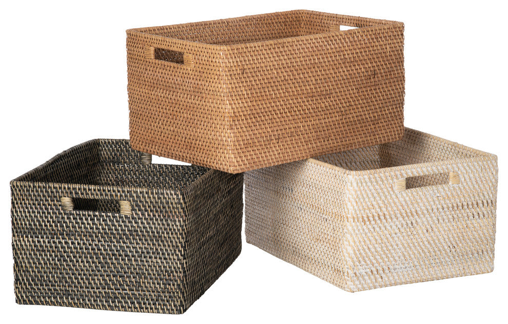Loma Rectangular Decorative Rattan Storage Basket With Handles, Black Wash