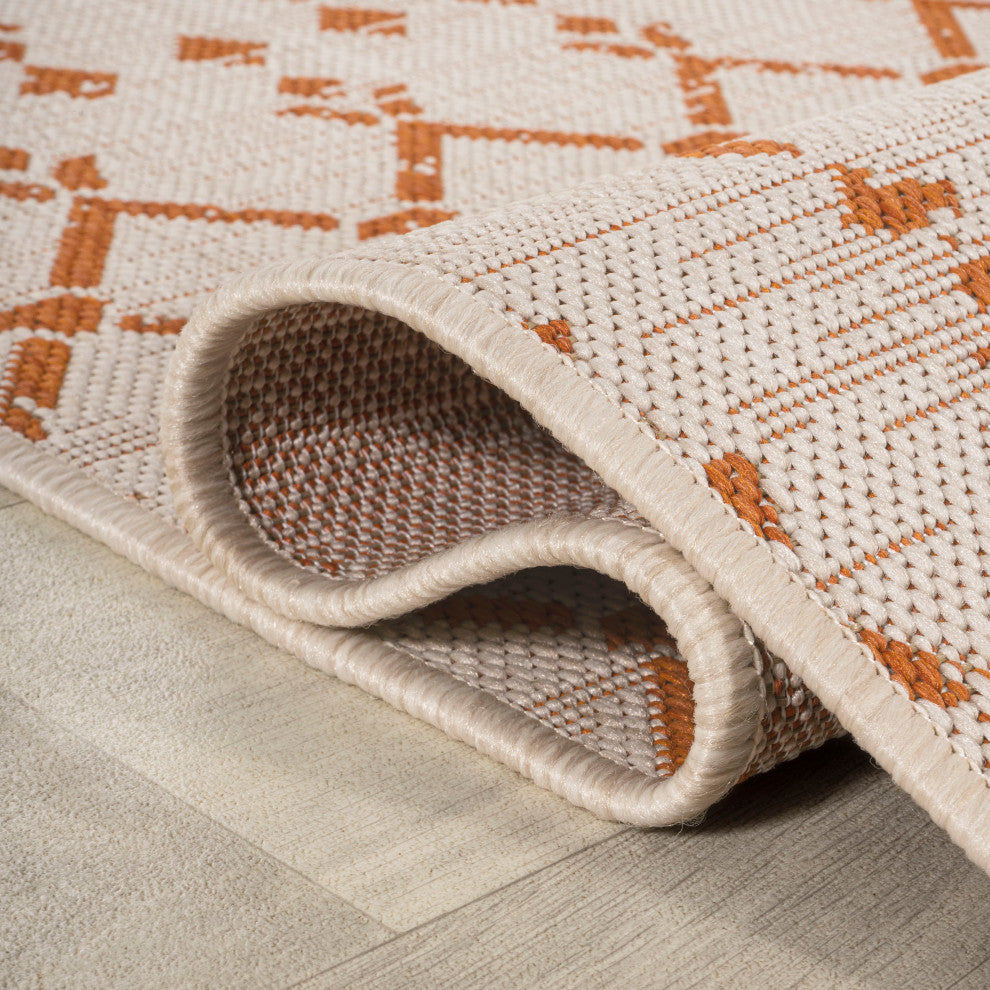 Ourika Moroccan Geometric Indoor/Outdoor Rug, Cream/Orange, 2x10