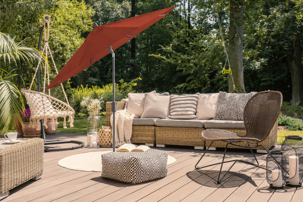 9' Round Push Tilt Market Umbrella, Antique Bronze frame, Sunbrella, Terracotta