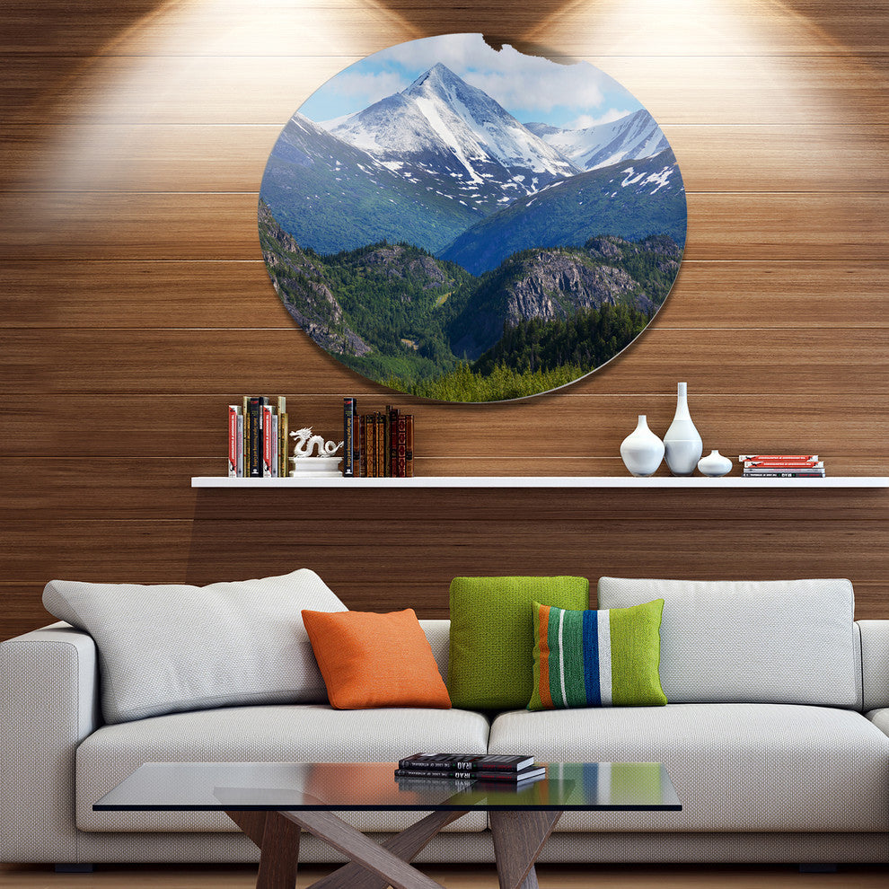 Frosty Mountains On Alaska, Landscape Round Metal Wall Art, 23"