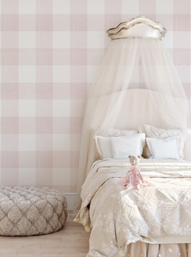 Checkered Fabric Look Medium Peel and Stick Vinyl Wallpaper, Pink, 24"x108"