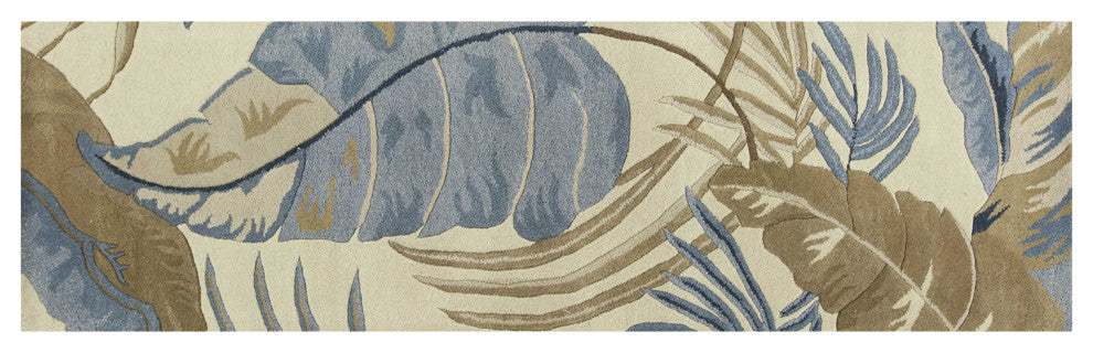 HomeRoots 2' x 8' Ivory or Blue Leaves Wool Runner Rug