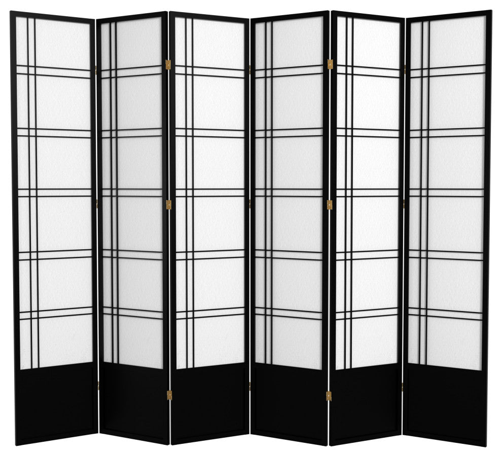 7' Tall Double Cross Shoji Screen, Black, 6 Panels
