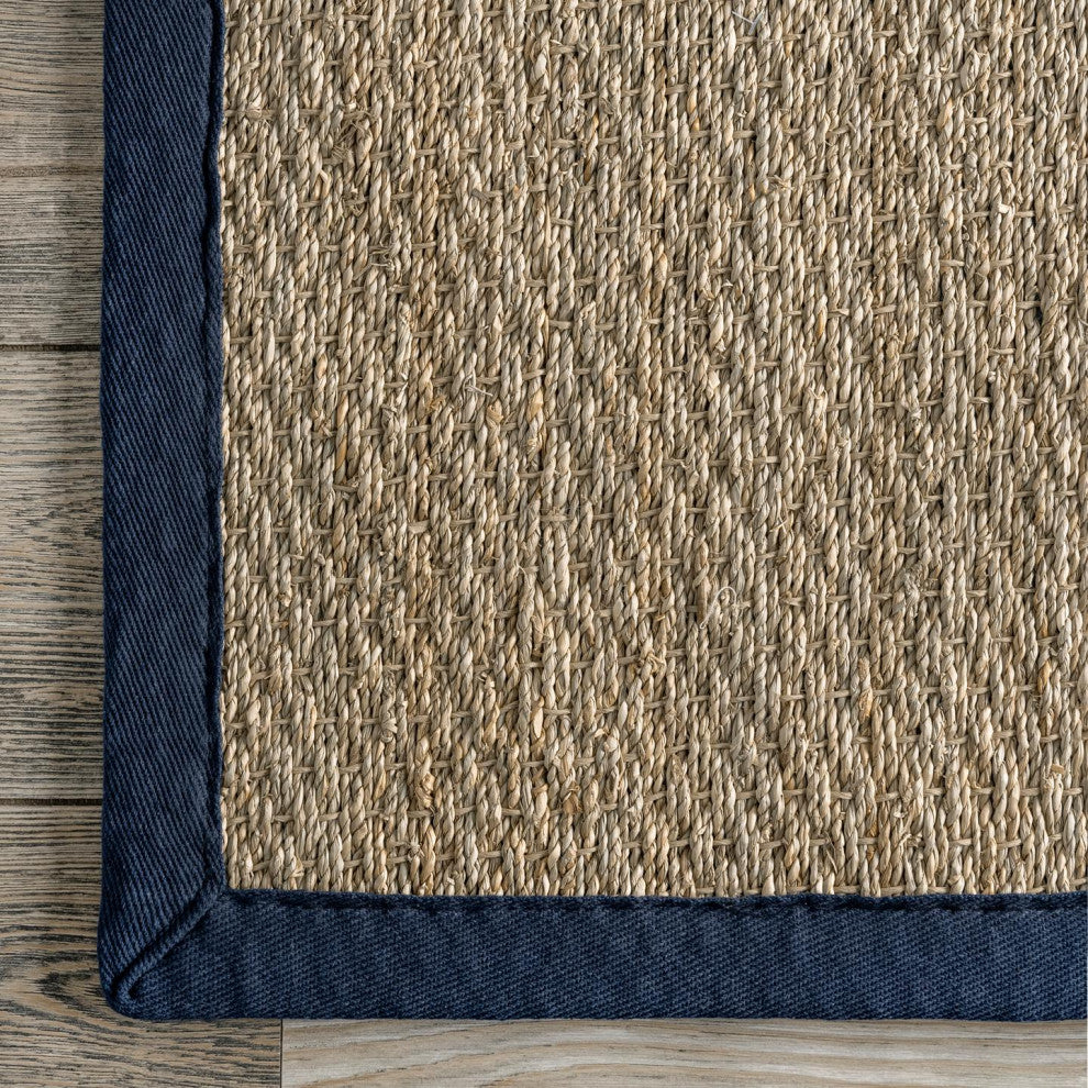 Nuloom Jute and Sisal Elijah Seagrass With Border Area Rug, Navy 6'x9'