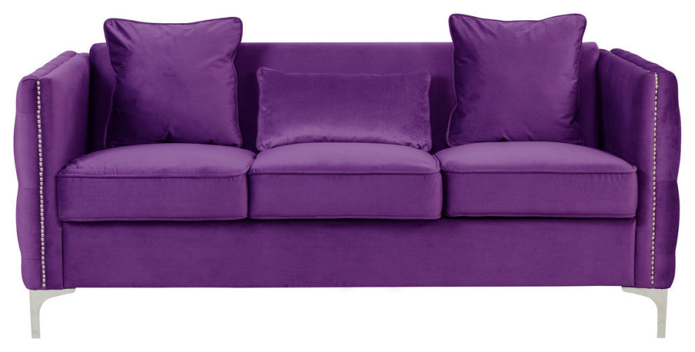 Bayberry Velvet Sofa With 3 Pillows, Purple