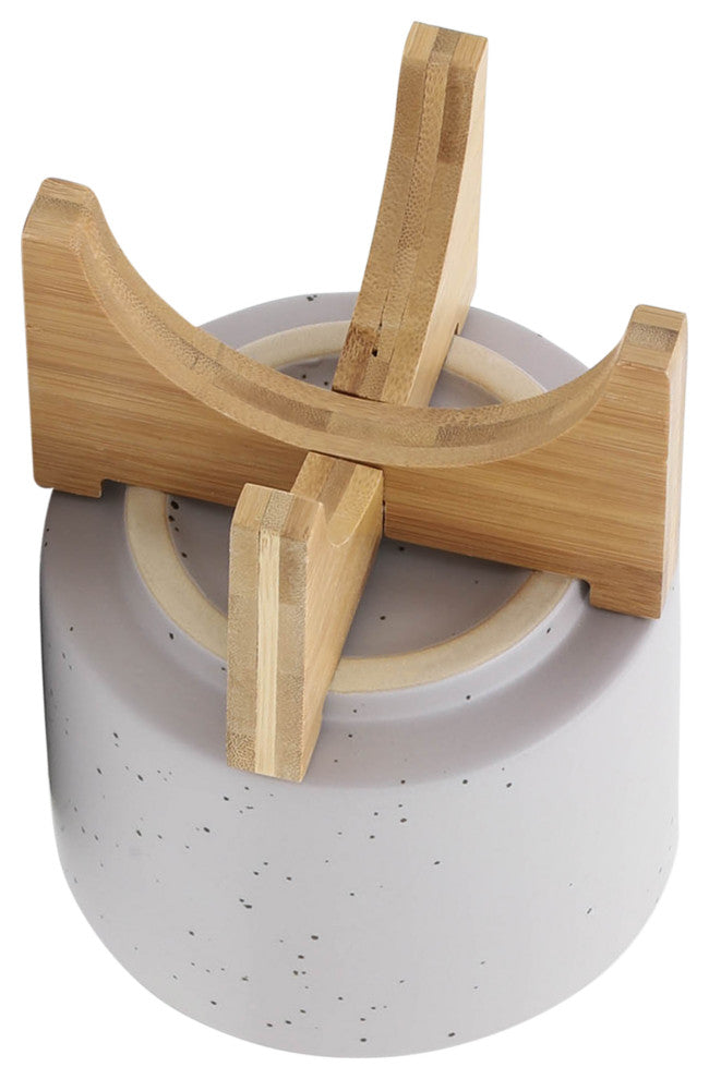 5" Planter With Wood Stand, Matte Beige