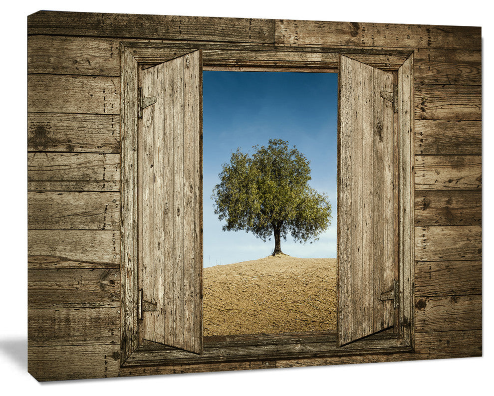 Window Open To Solitary Tree, Modern Landscape Canvas Art, 20"x12"