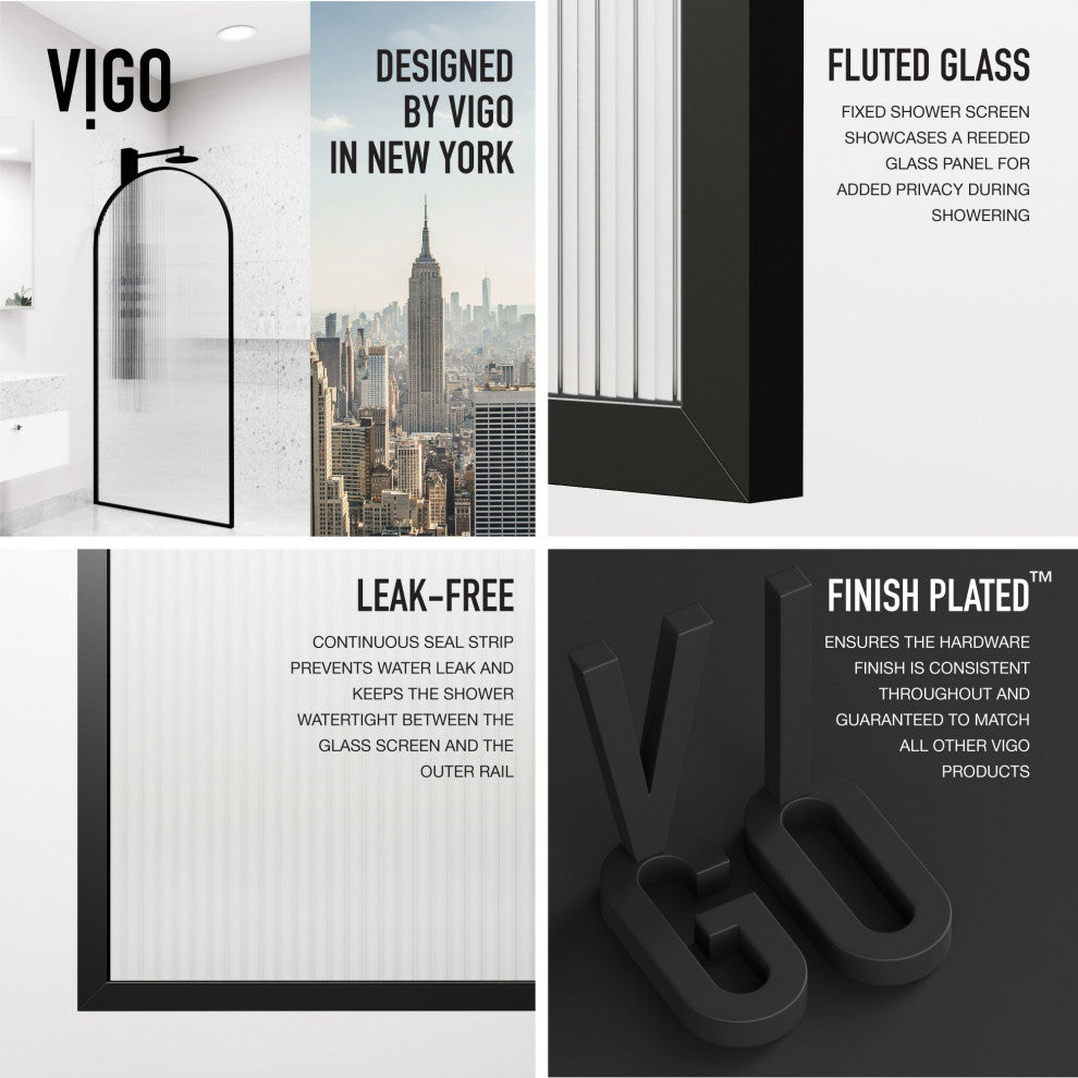 VIGO Arden 34" W x 78" H Framed Fixed Shower Screen, Matte Black, Fluted Glass