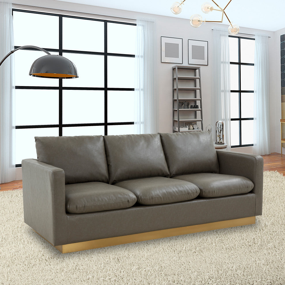 LeisureMod Nervo Modern Leather Sofa With Gold Base, Gray