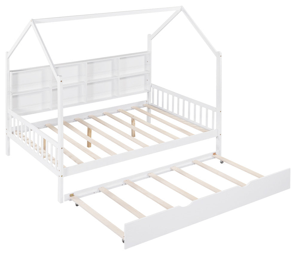 Gewnee Wood Full Size House Bed with Trundle for Kids in White