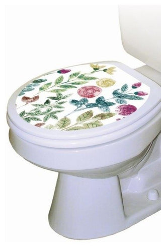 Boho Floral Toilet Tattoos Seat Cover, Vinyl Lid Decal, Bathroom Decor, Round