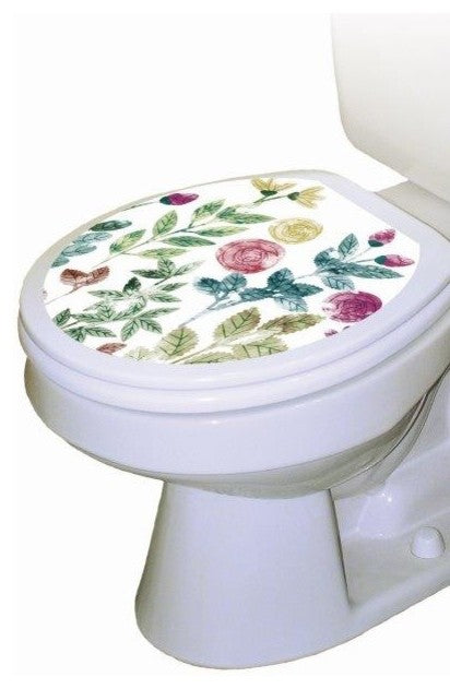 Boho Floral Toilet Tattoos Seat Cover, Vinyl Lid Decal, Bathroom Decor, Round