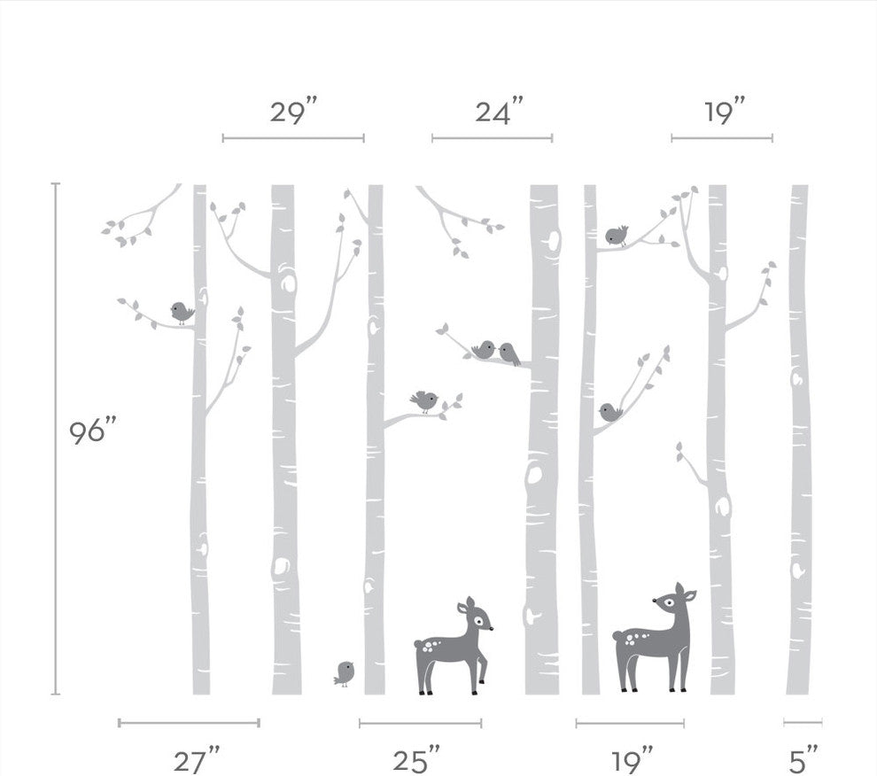 Birch Tree with Bird and Deer Wall Decals, Scheme C, Standard