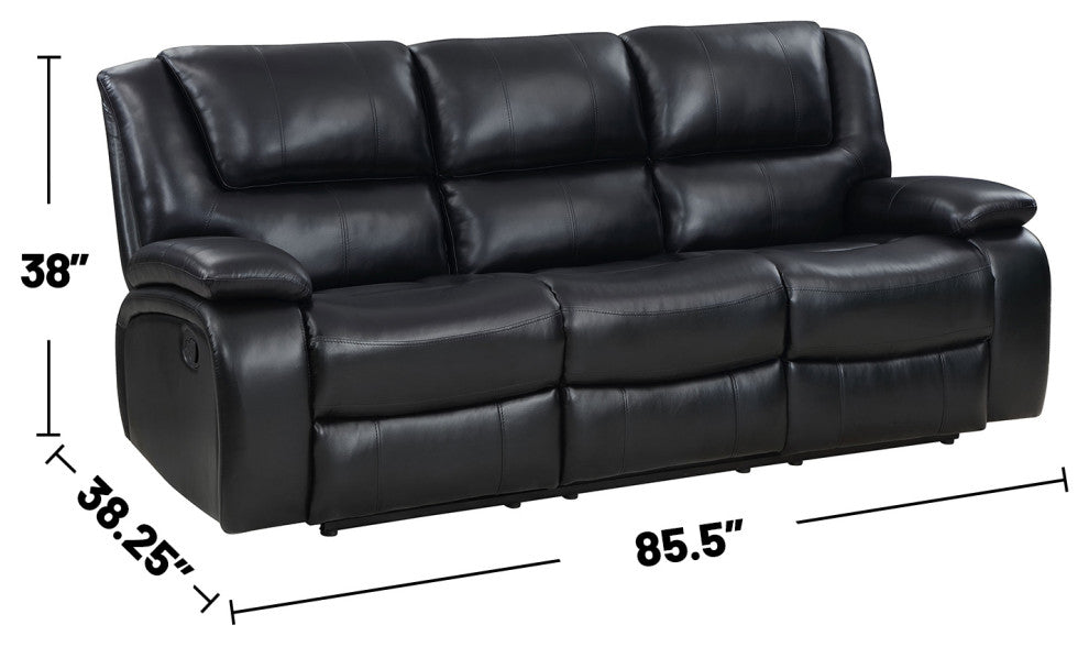 Faux Leather Manual Motion Reclining Sofa With Pillow Top Armrests, Black