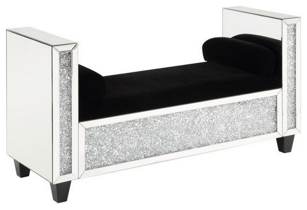 Benzara BM251176 Mirrored Bench With 2 Pillows and Button Tufted Seat, Silver