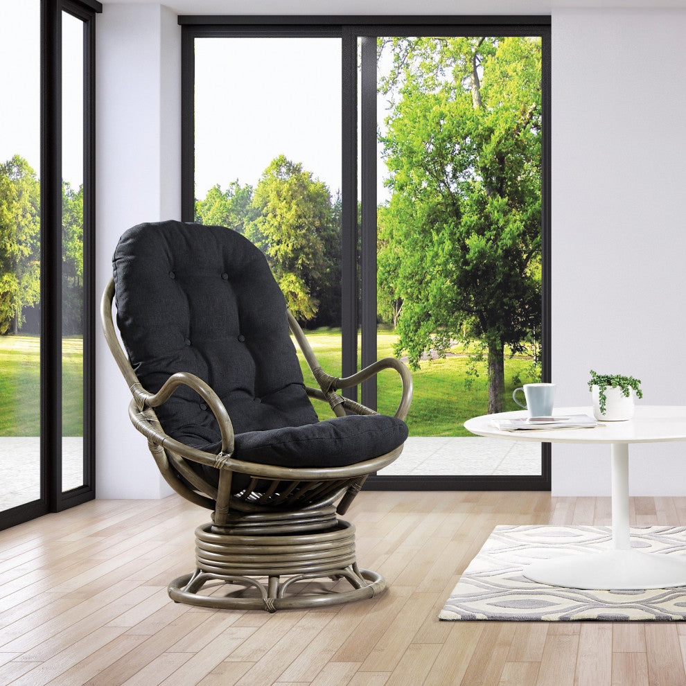 Tahiti Rattan Swivel Rocker Chair, Black Fabric With Gray Frame