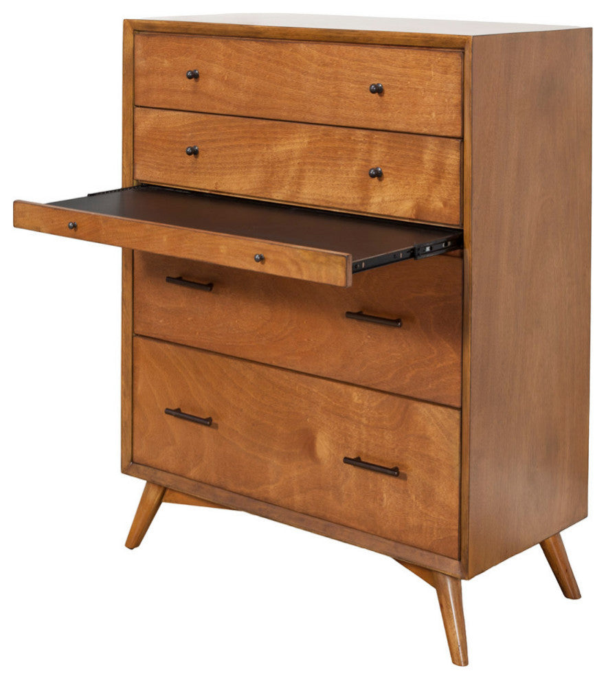 Flynn Mid Century Modern 4 Drawer Chest With Pull Out Tray, Acorn