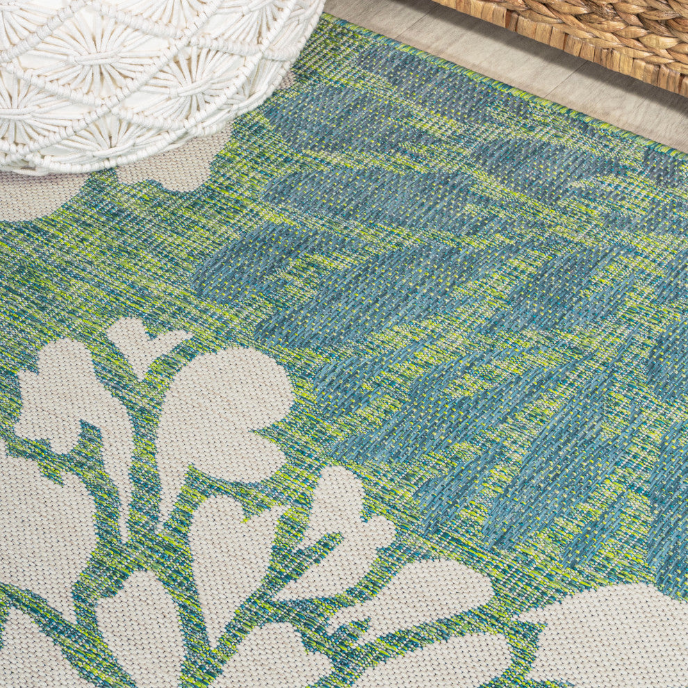 Zinnia Modern Floral Textured Weave Indoor/Outdoor, Cream/Green, 5' Round